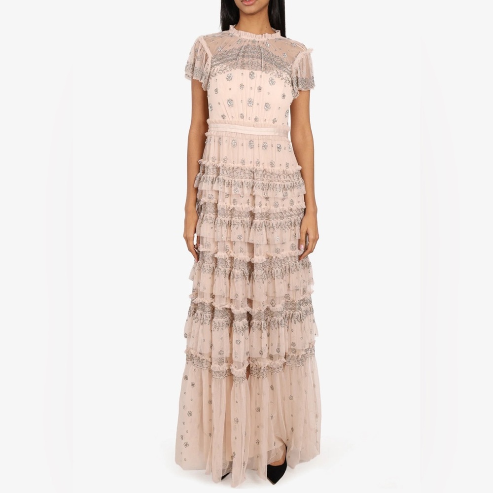 ✨NEEDLE & THREAD ROSE RUFFLE GOWN WITH SILVER BEADING   SIZE US 10 Like New